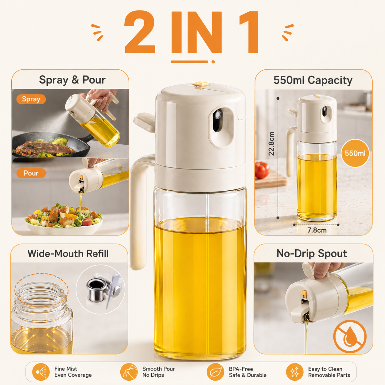 2-in-1 Glass Oil Spray Bottle